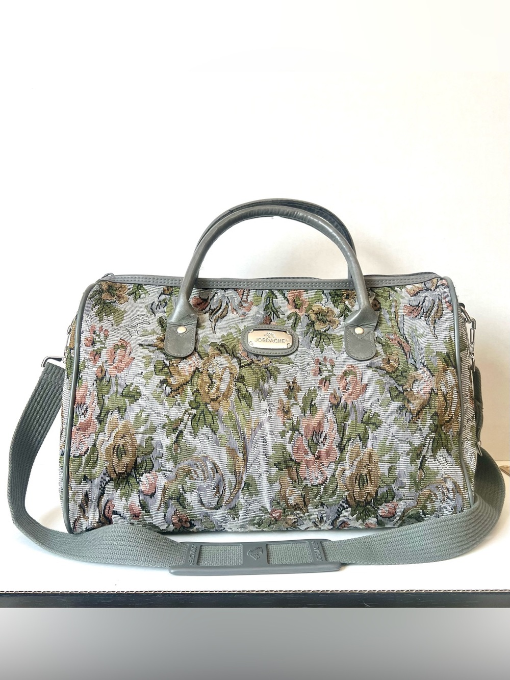 Vintage Jordache Floral Tapestry Duffel Bag in Gray with Pink and Olive Accents